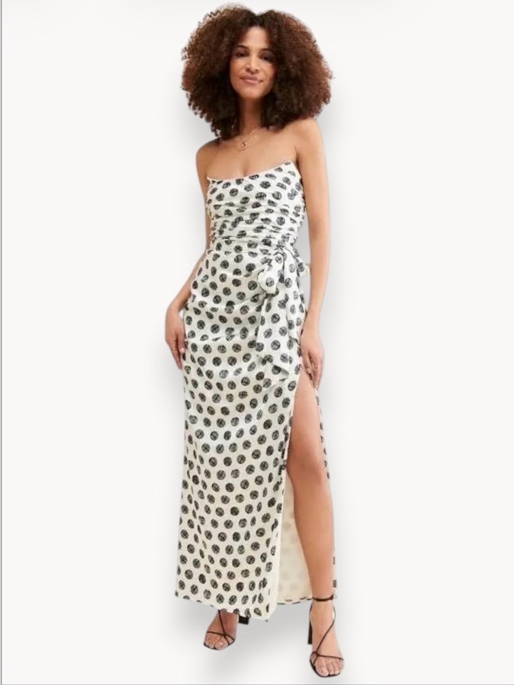 Hutch Anthropologie Strapless White Maxi Dress with Black Dot Print